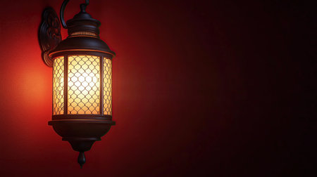 Lantern hanging on red wall with copy space for your textの素材