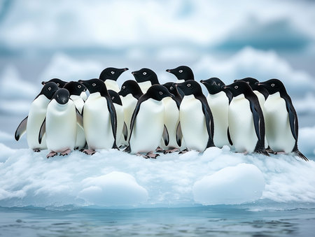A group of Adelie penguins huddled together on an ice floe, their black heads and white bellies creating a striking pattern against the frozen seaの素材