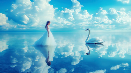 Beautiful bride in white wedding dress and swan on the lakeの素材