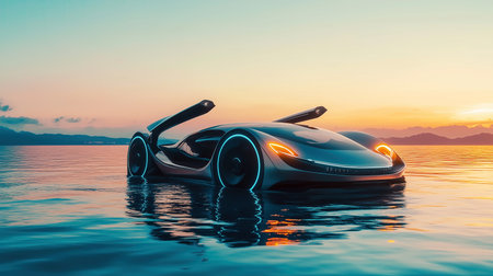 3D rendering of a sports car in the water at sunset.の素材