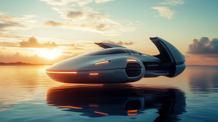3d rendering of a speedboat floating in the sea at sunsetの素材