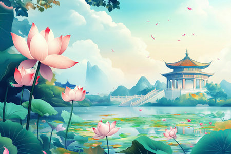 Beautiful Landscape with Lotus Flowers and Chinese Pavilionの素材