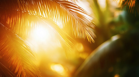 Palm leaf on blurred background with sunlight. Summer and nature conceptの素材