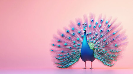 Peacock with colorful feathers on pink background. 3D renderingの素材