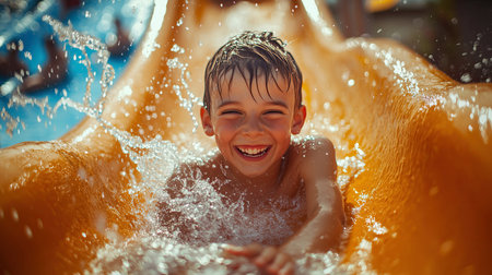 Happy boy having fun in water park on a hot summer day.の素材