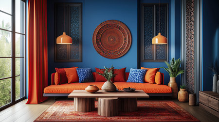 Interior of modern living room with blue walls, wooden floor, orange sofa and round coffee table. 3d renderingの素材