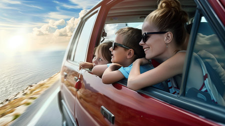 Happy family of three in a red car on the background of the seaの素材