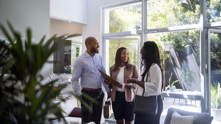 Portrait of young businesspeople discussing over document while standing in officeの素材