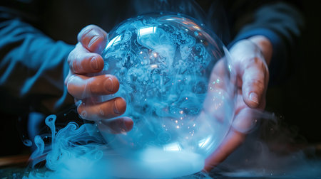 Senior woman sitting in front of a window at home and looking at a digital tabletの素材