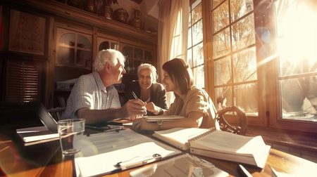 Senior couple and their adult daughter spending time together in the kitchen.の素材
