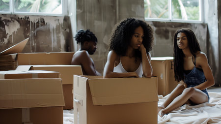Young african american couple moving in new house. They are sitting on the bed with cardboard boxes.の素材