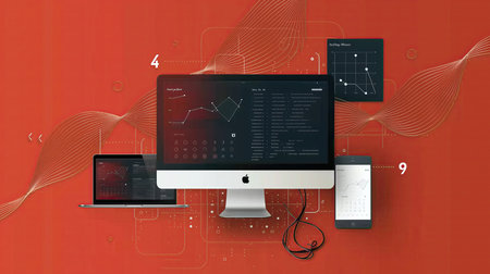 Computer, tablet, laptop and mobile phone on a red background.の素材