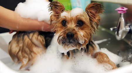 Yorkshire Terrier taking a bath in a bathtub with shampooの素材