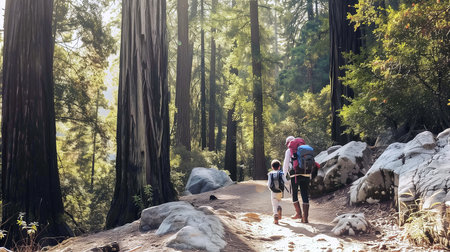 Family walking in the Sequoia National Park, California, USAの素材