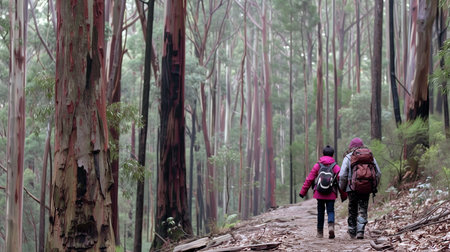 Mother and daughter hiking in the Australian eucalyptus forestの素材