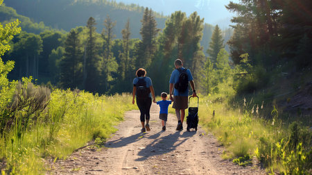 Happy family walking in nature. Father, mother and son on a country road.の素材