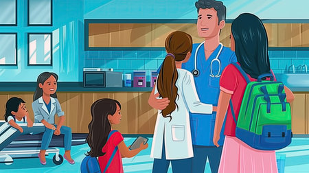 Vector cartoon illustration of doctors, nurses and students in hospital corridor.の素材