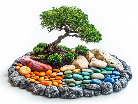 Assorted colorful stones arranged around bonsai treeの素材