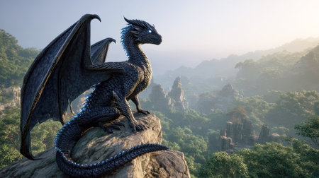 Mystical black dragon statue perched on rocky cliff amid foggy green mountains, evoking ancient legend and serenity.の素材