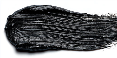 Expressive black ink brush stroke on white background, capturing spontaneous artistic flow and minimalist eleganceの素材