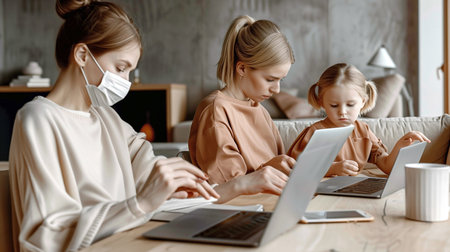 Mother and daughter in medical masks using laptop and tablet at home.の素材