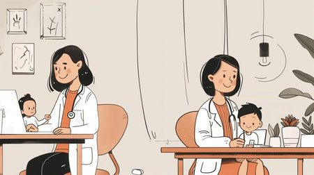 Doctor and patient in the office. Vector illustration in cartoon style.の素材