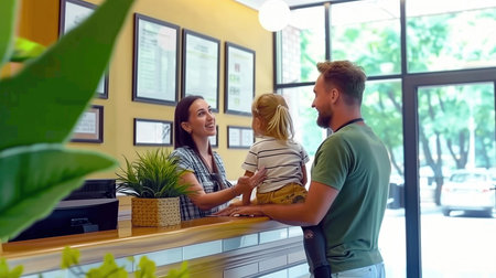 Young couple with little daughter at reception desk in cafe. Family conceptの素材