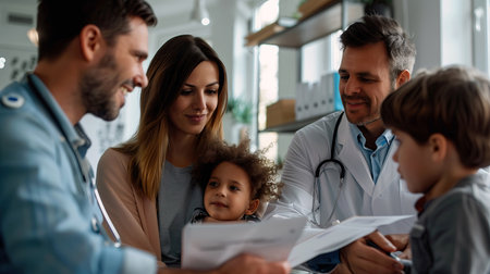 Doctor with stethoscope examining little boy with family in medical officeの素材