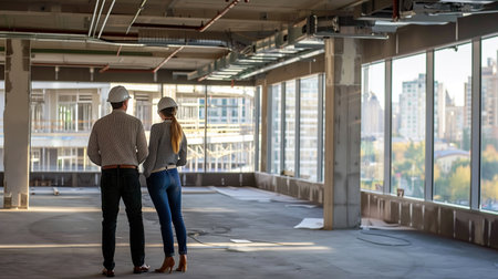 Young couple looking at the construction site of a new residential complex.の素材