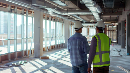 rear view of engineer and architect discussing over blueprint at construction siteの素材
