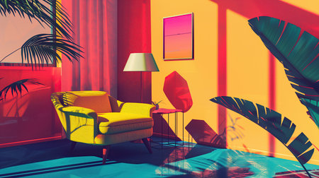Interior of modern living room with yellow armchair and tropical palm leaves. 3d renderingの素材