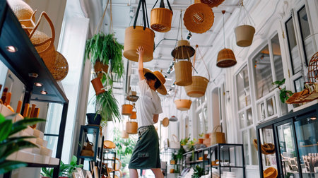 Stylish woman in a white shirt and green skirt posing in a flower shop.の素材