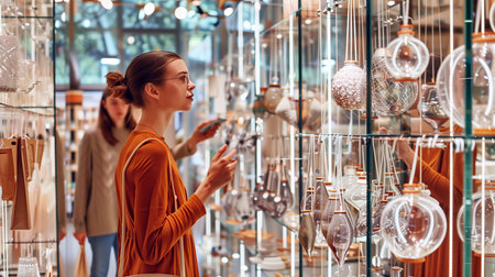 Woman choosing glass christmas decorations in shop window.の素材