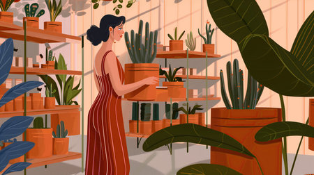 Flower shop interior with plants. Vector flat cartoon illustration of woman in flower shop.の素材