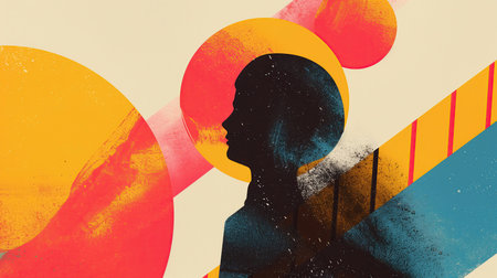 Silhouette of a man on a colorful background. Collage.の素材