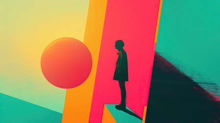 Silhouette of a girl standing in front of the sun.の素材