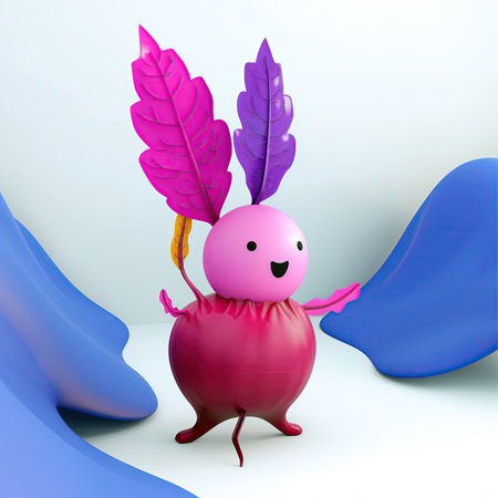 3d render of a cute smiling beetroot character with purple feathersの素材