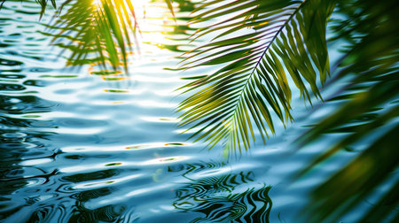 Palm leaves on the water surface with sun rays. summer backgroundの素材
