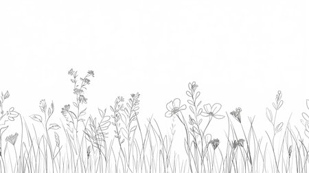 Hand drawn wildflowers and grass on white background.の素材