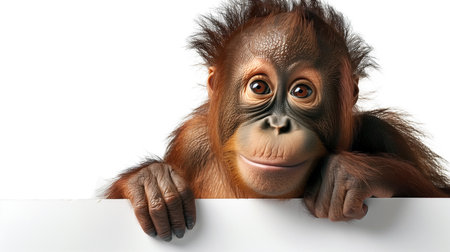 Orangutan with blank sign isolated on transparent background.の素材