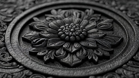 Ornamental circular medallion carved in dark relief, classic decorative motifの素材