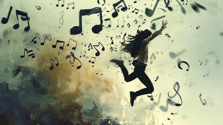 Conceptual image of young woman jumping in the air with music notes.の素材
