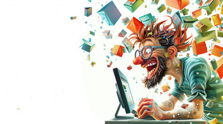 Funny nerd with computer and books flying out of it. Mixed media.の素材