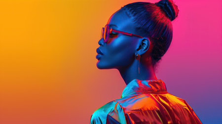 Fashion portrait of beautiful African American woman in neon light.の素材