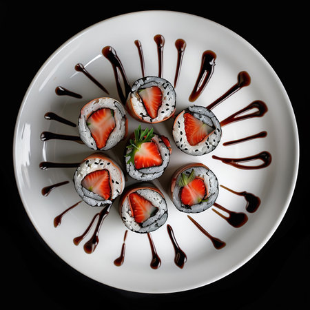 a plate of sushi with chocolate and strawberries on it.の素材