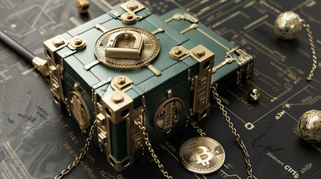 Cryptocurrency concept with a miniature treasure chest. 3d illustration.の素材