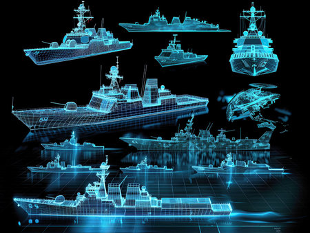 Set of different ships on the background of a blue matrix. 3d rendering.の素材