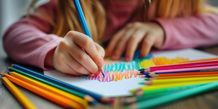 Cute little girl drawing with colorful pencils at home, closeup.の素材