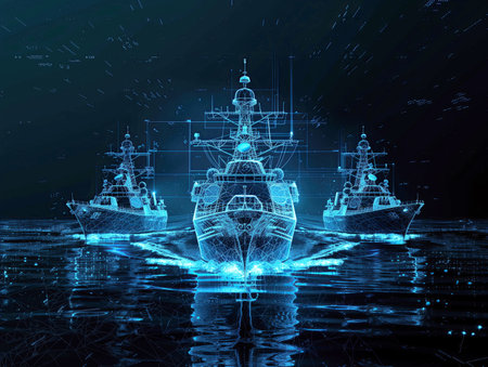 futuristic ship with digital hologram on dark background. 3d rendering.の素材