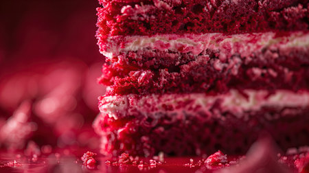 a close up of a red and white cake with red frosting.の素材